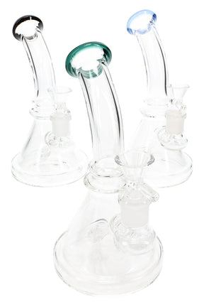Clear 7½-inch stemless beaker bong group with black, green, and blue rim accents and curved