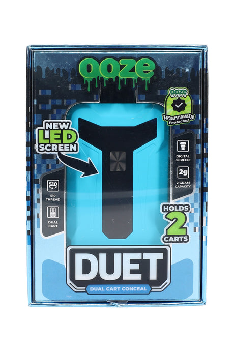 Blue Ooze Duet 510 battery packaged with warranty icon and specs: digital screen and 2 g capacity.