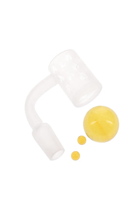 Frosted flat-top quartz banger with etched bucket and yellow banger beads set; 14.5 mm male, 90° neck on white background.