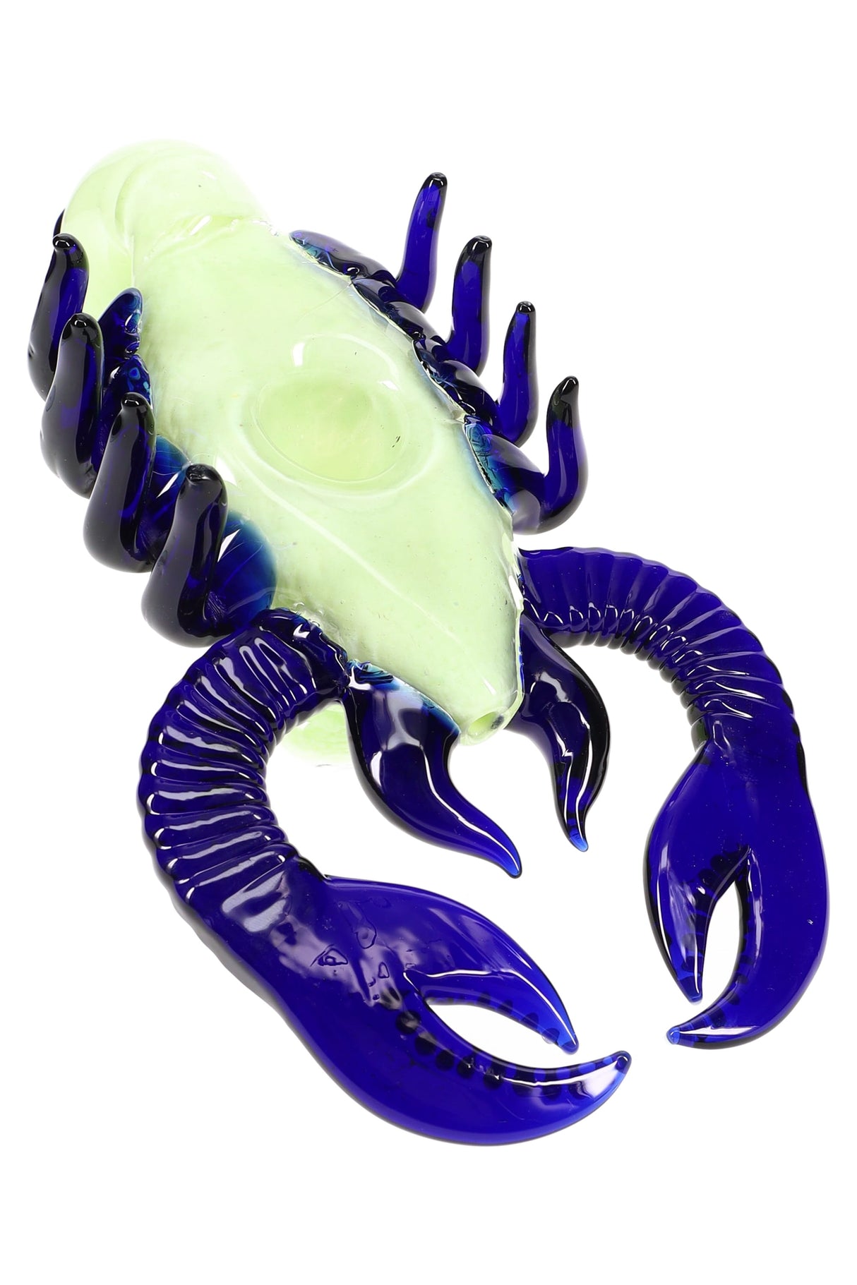 Underside view of frit glass scorpion pipe showing deep bowl set into the body and sculpted legs and claws; colors vary.