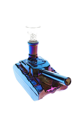 Iridescent blue-purple tank water pipe with glass-on-glass 14.5 mm joint and cannon-style mouthpiece, 6″.