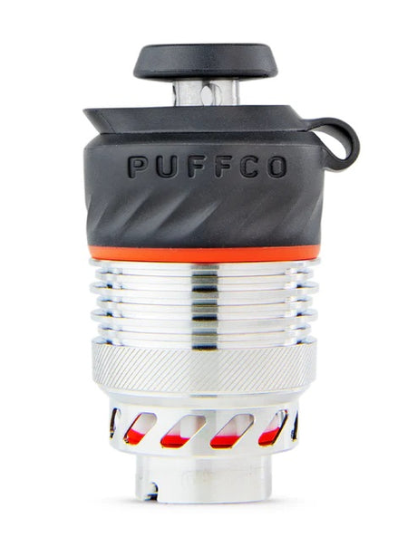 Front view of Puffco Peak Pro 3DXL chamber with silicone grip and orange ring, designed for even heating and big clouds.