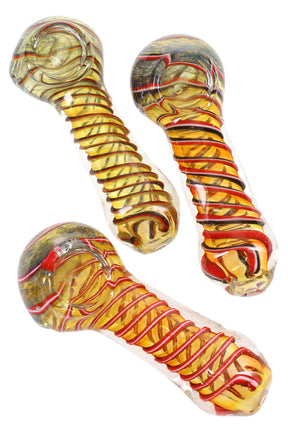 4½″ gold-fumed spiral glass spoon with rounded bowl and side carb; color-shifting handle with spiral stringer accents.