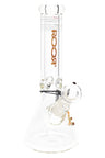 Clear ROOR 10-inch beaker bong with wood grain ROOR logo, ultra-thick 7 mm glass, glass-on-glass downstem and bowl, ice pinch.