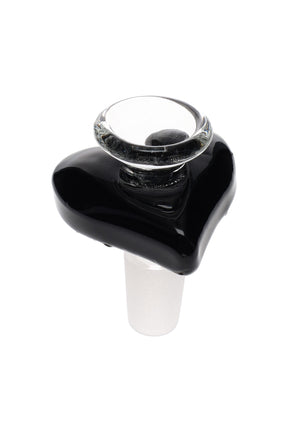 Glossy black heart glass bong bowl featuring a 14.5 mm male frosted joint and clear cup; sturdy, easy-lift slide.