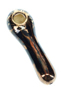 Black 4-inch ceramic spoon pipe with bronze marbling, gold sun rim, and brass screen bowl for dry herb.