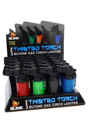Retail display of 20 Blink Frosted Mini Twisted torch lighters with swivel angled heads and translucent color tanks, compact butane countertop set.