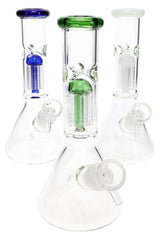 Trio of clear 8½″ GoG beaker bongs with blue and green accent glass, tree perc visible inside base