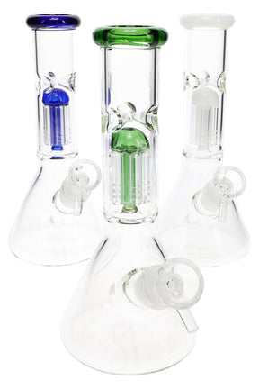Trio of clear 8½″ GoG beaker bongs with blue and green accent glass, tree perc visible inside base