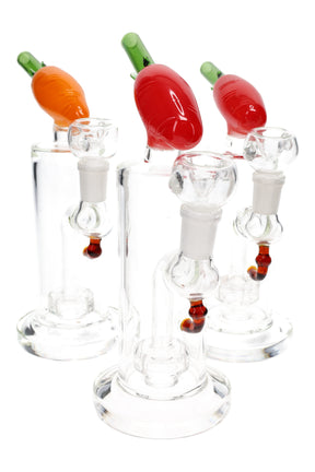 Clear stemless glass bong with carrot-shaped angled mouthpiece and showerhead percolator, 7.5″ tall, includes glass bowl; assorted colors.