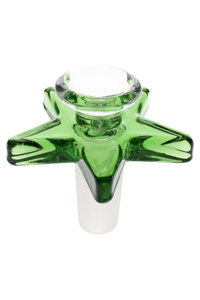 Green star glass bong bowl with 14.5 mm male ground joint; thick glass and pointed star wings provide extra grip and stability.
