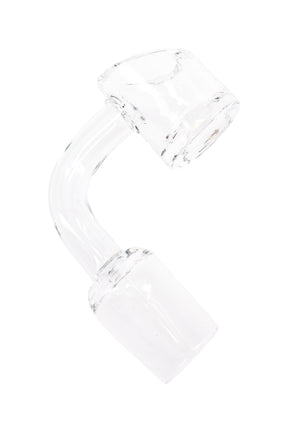 Clear quartz 18.8 mm male domeless banger with deep bucket and curved neck, 4 mm thick walls; replacement dab nail on white background.