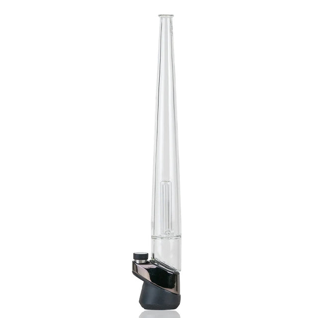 Full side view of 16″ Peak Pro attachment with tall clear tapered body mounted on a Puffco base