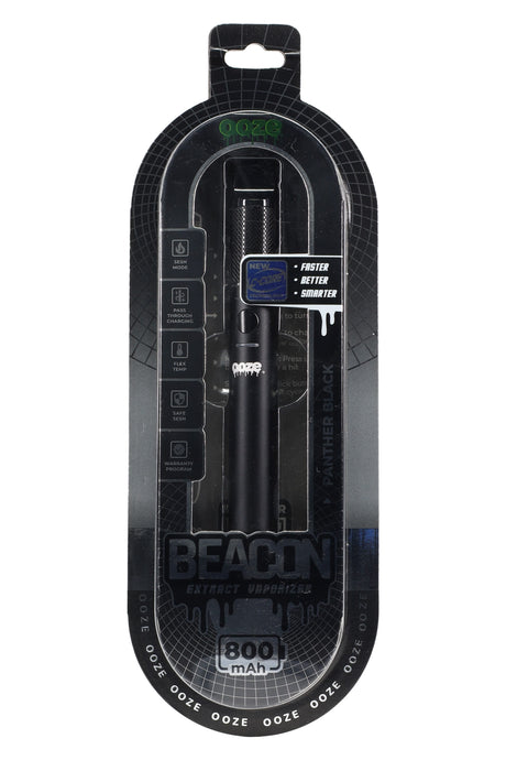 Pen-style Ooze Beacon extract vaporizer in Panther Black, 800 mAh, USB-C pass-through, C-Core Onyx callouts in retail blister pack.