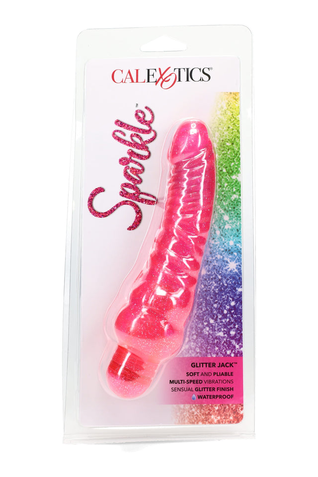 Pink Sparkle “Glitter Jack” multi-speed waterproof vibrator with spiral texture and rounded tip, sealed in retail packaging.