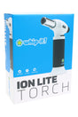 Ion Lite torch white body with black grip on box; sleek handheld dab torch emphasizing grip sleeve and nozzle.