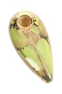 Clover green 4″ oval ceramic hand pipe with subtle marbling, gold sun trim, and brass screen bowl.