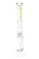 ROOR Tech clear 18″ stemless straight shooter bong showing dome plus 10-arm tree and showerhead percs, ice catcher, flat foot, green ROOR Tech decal.