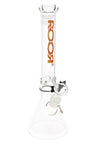 ROOR 14-inch clear glass beaker bong with wood grain logo decal, ice pinch, removable downstem, and glass bowl on a wide base.