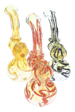 6-inch color-changing glass sherlock bubbler with squiggle stripe wrap, curved neck, side carb, and round water chamber; ships in assorted colors.