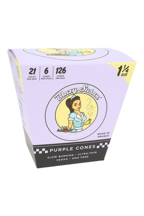 Purple Box: Blazy Susan 1¼ purple pre-rolled cones display with 21 packs and 6 cones per pack, slow-burning French rolling paper.