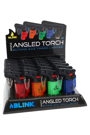 Counter display of 20 Blink mini angled torch lighters in assorted translucent colors with tilted heads, ideal for checkout.