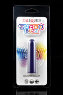 Purple Turbo Buzz rounded bullet in black-backed blister pack; compact external vibrator with 10 modes, USB charging, and IPX7 rating.