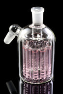 Pink tree-perc glass ash catcher with 11 arms, 14.5 mm male-to-female 45° joints, reflective studio lighting.