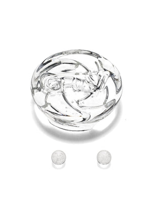 Clear GRAV spinner carb cap with embossed logo and two matching terp pearls, designed for flat-top quartz bangers, shown on white background.