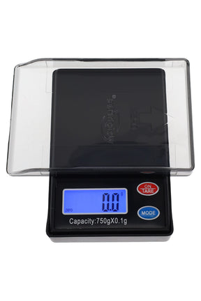 WeighMax pocket scale with clear cover-tray, blue backlit LCD at 0.0 g; measures up to 750 g in 0.1 g steps