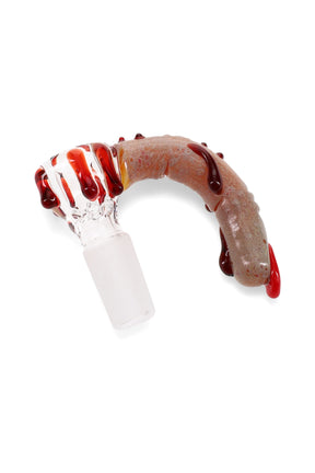 Curved glass finger-themed bong bowl with red drip accents and a 14.5 mm male frosted joint; deep cup slide for dry herb use.