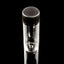 Tall 10 mL clear glass vial with secure black twist cap standing straight on glossy black background, showing full height
