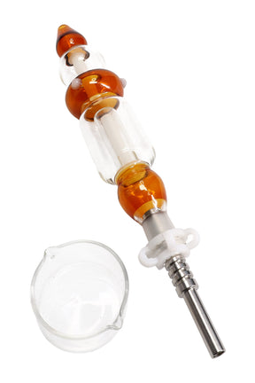 Amber-accent colored glass dab straw kit with 14.5 mm joint, stainless tip, keck clip, and glass tray; 9½-inch concentrate straw.
