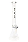 Clear ROOR Tech 18" stemless beaker bong with platinum ROOR Tech logo, showerhead perc and ice pinch.