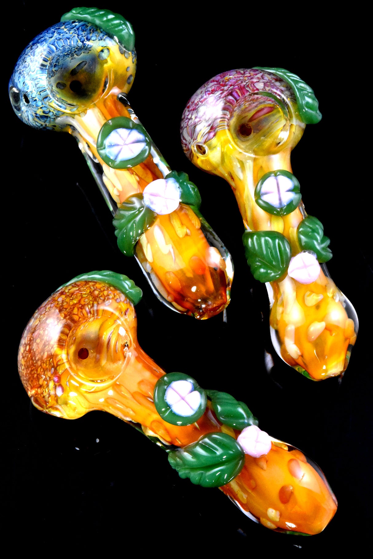 4.5" Gold Fumed Color Changing Frit Flower Leaf Glass Pipe - P2914