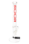 Clear ROOR 18-inch straight tube bong with solid red ROOR logo, glass-on-glass downstem and bowl, ice pinch.