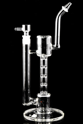 Clear GRAV Upline glass bong with ladder perc chambers, angled mouthpiece, and 14 mm joint on a round base, 12 inches tall.