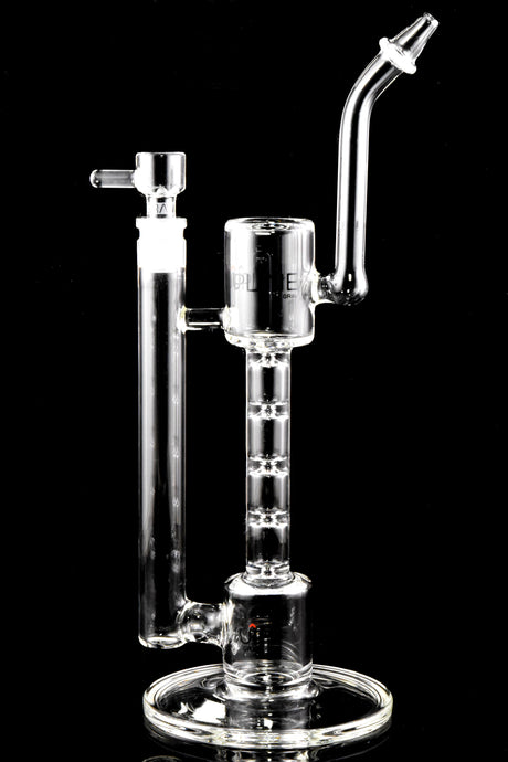 Clear GRAV Upline glass bong with ladder perc chambers, angled mouthpiece, and 14 mm joint on a round base, 12 inches tall.