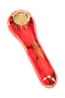 Cherry red 4-inch ceramic spoon pipe with gold sun trim and brass screen bowl, high-gloss glaze.