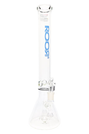 Clear ROOR Tech 18" stemless beaker bong with blue ROOR Tech logo, showerhead perc and ice pinch.