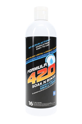 16 oz Formula 420 Soak-N-Rinse bottle with black and blue no-scrub cleaner label designed to soak small glass pieces