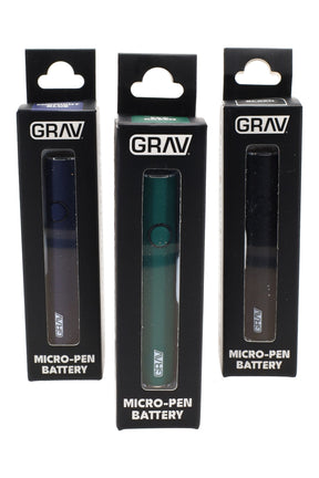 Three boxed GRAV Micro-Pen 510 batteries in black, green, and blue colorways, slim button design visible through window packaging.