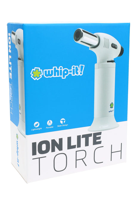 Ion Lite torch white model on packaging; compact table-top design with chrome burner, clean right-side view.