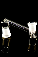 Close-up drop-down sidecar glass adapter for bongs with 18.8 mm female joints and frosted seats, displayed on black backdrop.