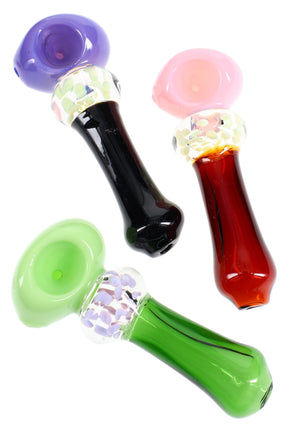5″ glass spoon pipe with neon bowl, clear dotted crown accent, side carb, and glossy clear handle; assorted colors; sold individually.