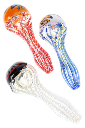 5″ color-changing glass spoon with reverse-worked bowl, multicolor stripes, and anti-roll marble; assorted designs, about 125 g.