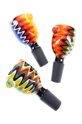 Three 14.5 mm male glass bowls with black joints, zigzag reverse colors, and marble accents