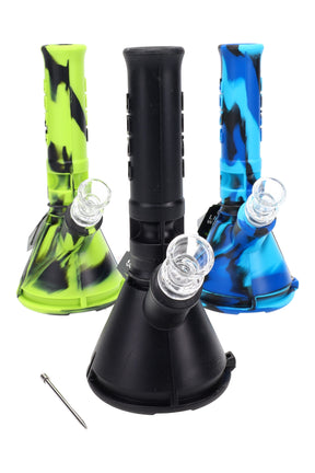 Assorted Eyce Mini Beaker silicone bongs with glass bowls and poker tool, multiple colors shown together