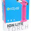 Ion Lite torch vivid pink colorway on box; small portable torch lighter with metal tip, angled front.
