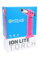 Ion Lite torch vivid pink colorway on box; small portable torch lighter with metal tip, angled front.